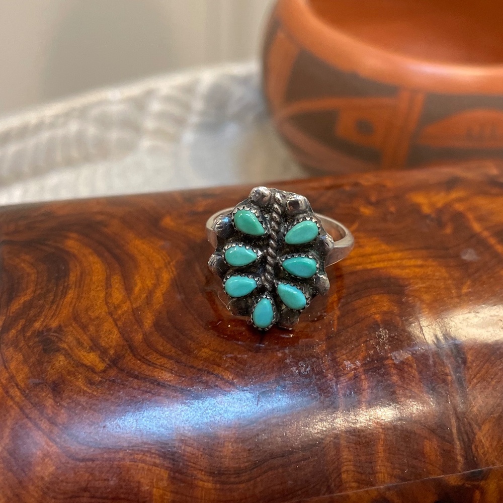 Sweet Vintage Turquoise Dragonfly Ring Zuni Petit Point - Handmade circa 1940s,